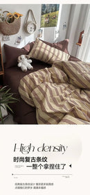 Bedding Set Ins Ambiance Blue Coffee Grid Mixed With Washed Cotton Minimalist Four Piece Set Fitted Sheets Duvet Cover